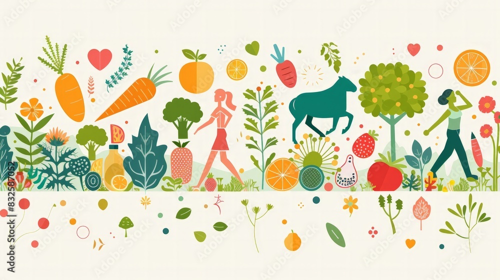 Fototapeta premium Healthy Lifestyle Promotion: Illustrate a background image promoting healthy lifestyles, featuring elements like fruits, vegetables, exercise icons.