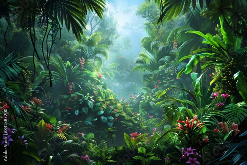 a lush jungle with a variety of vibrant plants