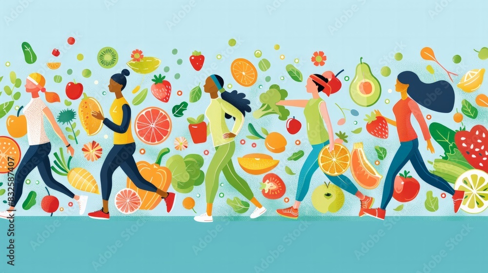 Healthy Lifestyle Promotion: Illustrate a background image promoting healthy lifestyles, featuring elements like fruits, vegetables, exercise icons. Healthy Lifestyle Promotion: Illustrate a background image promoting healthy lifestyles, featuring elements like fruits, vegetables, exercise icons.