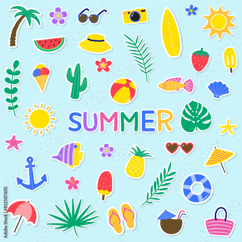 Set with cartoon summer stickers. Design with colourful icons. Vector illustration