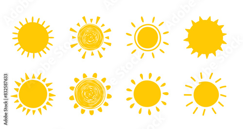 Sun icon set. Hand drawn summer elements. Vector illustration
