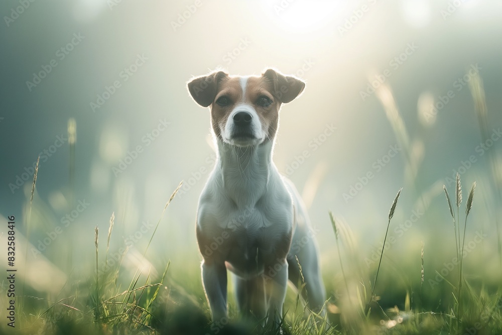 A photo of a beautiful Jack Russell terrier dog standing in a meadow, facing the camera, bathed in dappled sunlight. The serene setting highlights the dog's calm and content expression. A photo of a beautiful Jack Russell terrier dog standing in a meadow, facing the camera, bathed in dappled sunlight. The serene setting highlights the dog's calm and content expression.