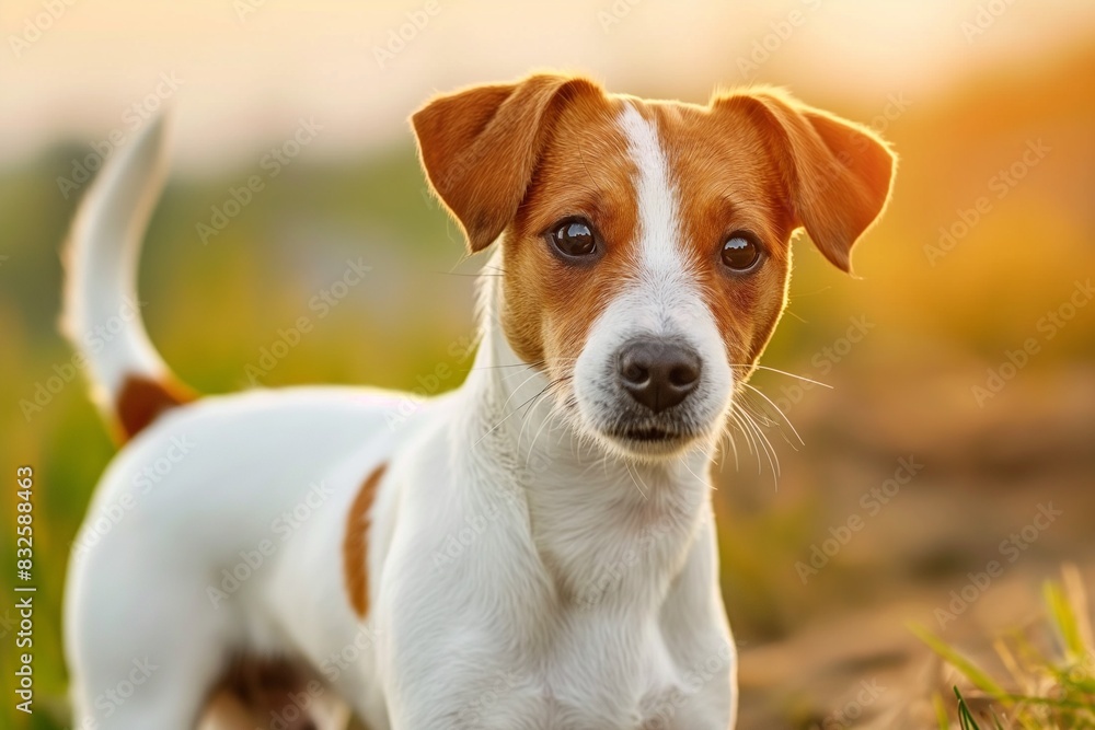 A photo of a beautiful Jack Russell terrier dog standing in a meadow, facing the camera, bathed in dappled sunlight. The serene setting highlights the dog's calm and content expression.