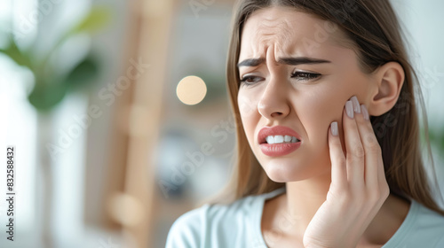 A young woman holds her cheek with her hand and suffers from severe toothache, while closing her eyes. Dental diseases concept, problems with teeth and tooth enamel