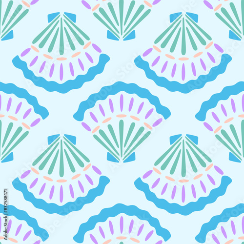 Blue seashell vector seamless pattern. Summer underwater repeat surface design with scallop shells in modern hand drawn flat style on light background. Cute nautical illustration for swimwear, decor