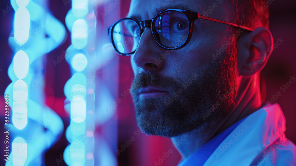 In the laboratory scientist is seen with a focused expression under neon lights In the laboratory scientist is seen with a focused expression under neon lights