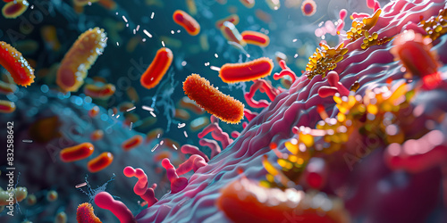 Antibiotic Mode of Action: Detailed view of antibiotics interacting with bacterial cells, illustrating mechanisms of microbial inhibition photo