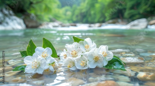 Beautiful jasmine flowers gracefully submerged in clear  flowing water  showcasing their delicate beauty and tranquility.