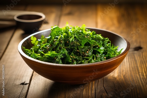 A fresh kelp salad in a white bowl on a rustic wooden table