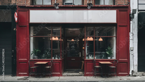 Chic vintage dark red cafe shop facade with windows, blank signage to put brand logo, mockup, coffee business photo