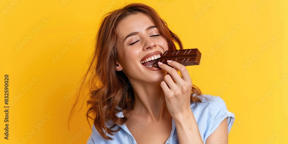 a image of a woman eating a chocolate bar on a yellow background a image of a woman eating a chocolate bar on a yellow background