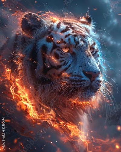 A majestic tiger surrounded by fiery elements creates a powerful and striking visual representation in this dramatic portrait.