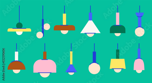 Swedish design ceiling lamps vector flat illustration set. Midcentury style interior illumination. Scandi room interior