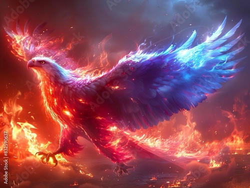 A stunning digital art illustration of a majestic phoenix bird rising from fiery flames, symbolizing rebirth and power.