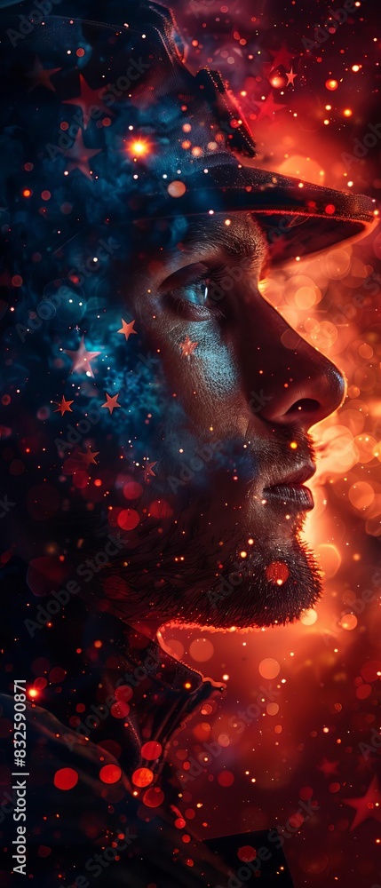 Creative portrait of a man in profile with cosmic light effects, blending human and galaxy elements for a surreal visual impact. Creative portrait of a man in profile with cosmic light effects, blending human and galaxy elements for a surreal visual impact.