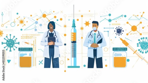 Vaccination Campaign: Illustrate a background image highlighting a vaccination campaign with icons of syringes, vaccines, and healthcare professionals.