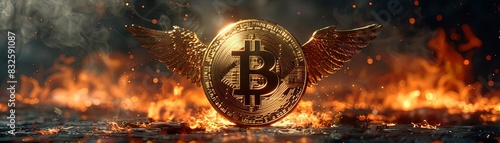 Golden Bitcoin with wings set against a fiery backdrop, symbolizing the rise of cryptocurrency amidst a volatile market. photo