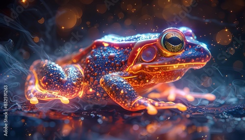 Neon-glowing frog against a dreamy, ethereal background with floating particles, showcasing its vibrant colors and intricate details. photo