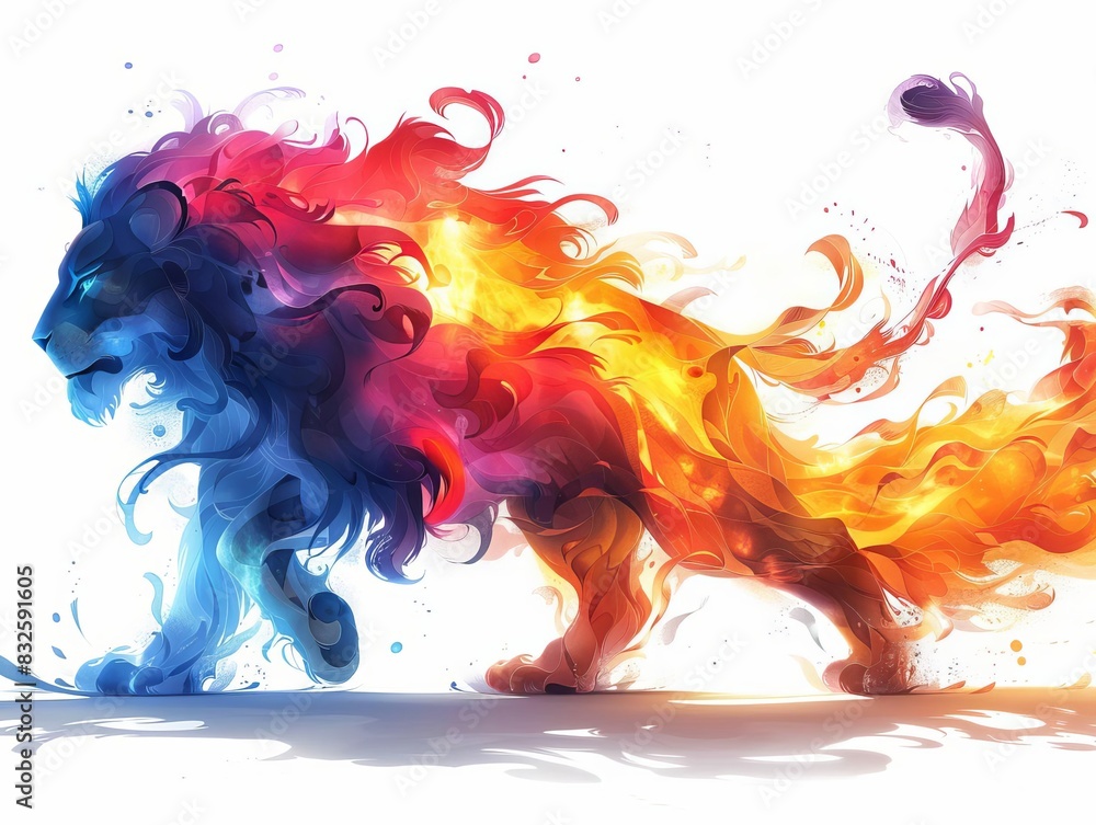 Vibrant illustration of a lion with flames of blue and red flowing, symbolizing power and duality in a fantasy art style. Vibrant illustration of a lion with flames of blue and red flowing, symbolizing power and duality in a fantasy art style.