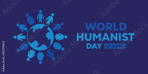 World Humanist Day. Earth and people icon. Great for cards, banners, posters, social media and more. Blue background.