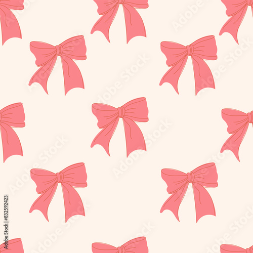 Seamless pattern with cute  pink bows. Trendy hair braiding accessory. Hand drawn vector illustration.