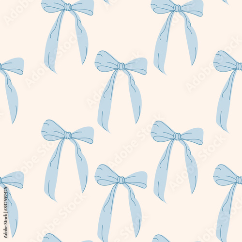 Seamless pattern with cute  blue bows. Trendy hair braiding accessory. Hand drawn vector illustration.