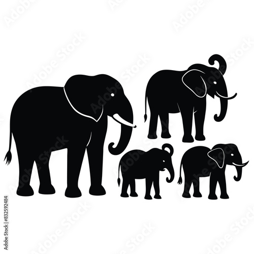 Set of Borneo Elephant animal black silhouettes vector on white background