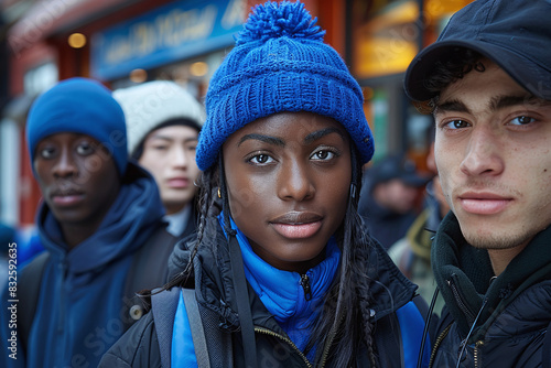 close-up portrait of diverse race college students dressed in black and blue