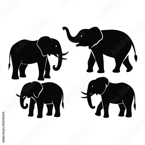 Set of Borneo Elephant animal black silhouettes vector on white background