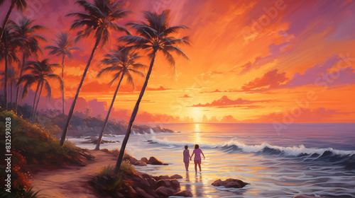 A colorful beach sunset painting the sky with couple