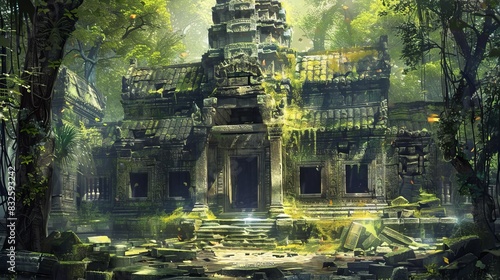 A concept art illustration painting showcasing a magnificent ancient temple hidden within a lush jungle environment.