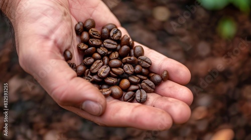 A hand holding a handful of small uniform organic coffee beans.