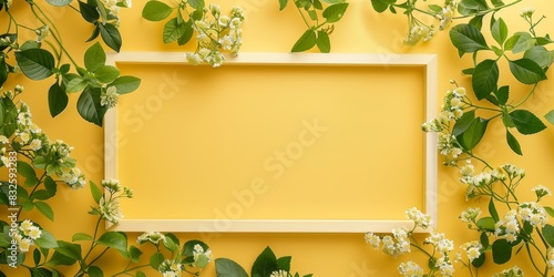 Empty frame with flowers on a yellow background photo