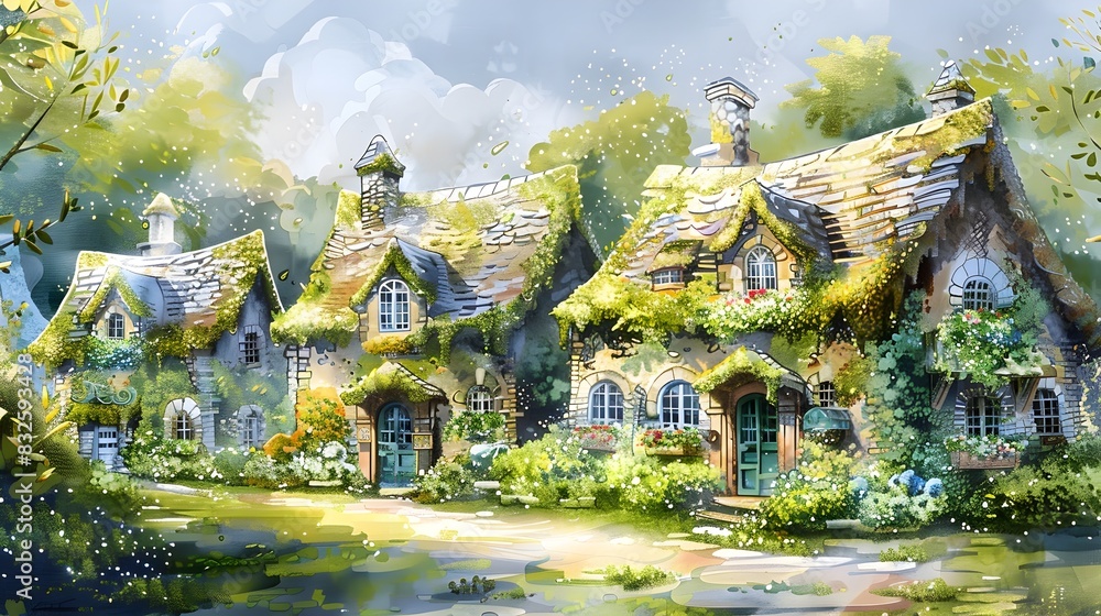 Obraz premium Charming Moss Covered Fairytale Cottages in a Tranquil Seaside Village with Whimsical Architecture and Lush Greenery