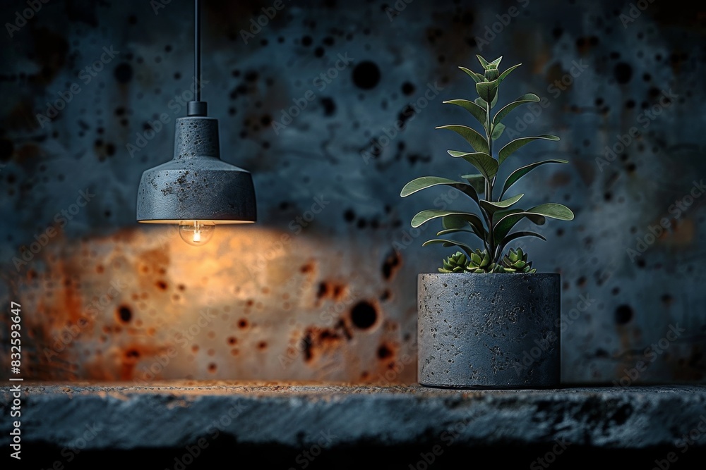 Industrial Style Room with Single Light Bulb and Potted Plant Industrial Style Room with Single Light Bulb and Potted Plant