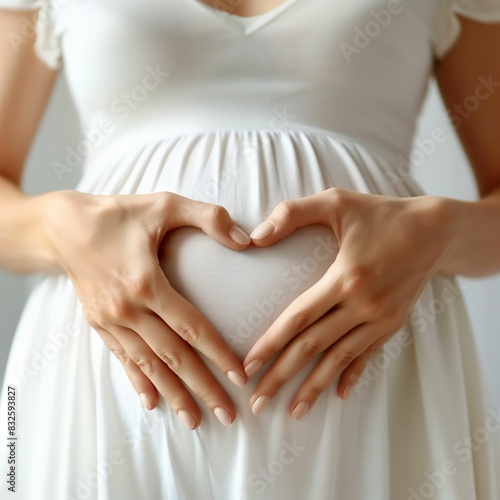 A pregnant woman in a white dress making a heart shape with her hands on her belly  symbolizing love and motherhood.