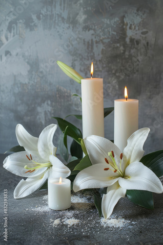 white lily and candles on a gray background