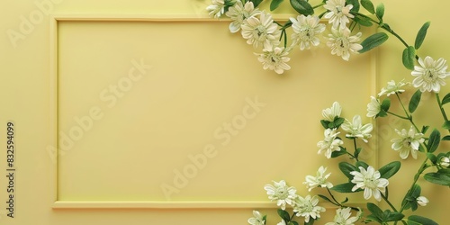 Empty frame with flowers on a yellow background photo