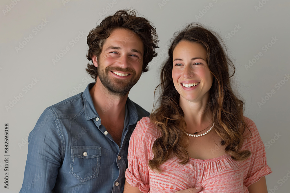 Happy couple smiling together, dressed casually with a neutral background. Capturing moments of joy and companionship. Happy couple smiling together, dressed casually with a neutral background. Capturing moments of joy and companionship.