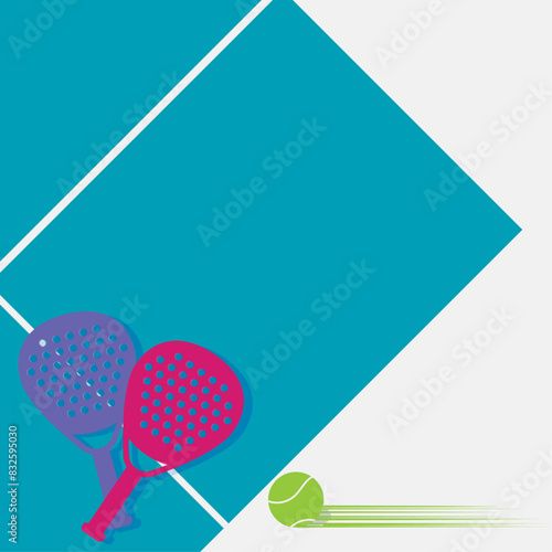 Illustration with racket of padel tennis and paddle balls on blue ground court, with copy space. Vector illustration
