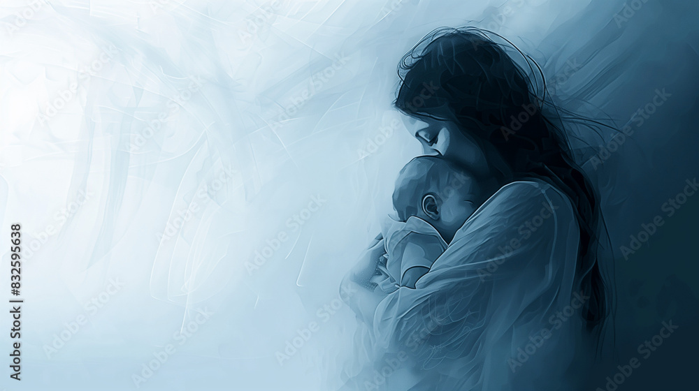 Obraz premium A new mother suffering post partum to post natal depression, holding her baby close and looking sad and pensive, blue grey colour palette, landscape format 16:9 with copy space blank