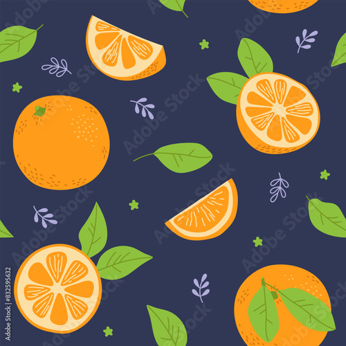 Seamless summer pattern with fresh orange, full, half, slice, leaves. Fruits. Freehand vector illustration on dark background