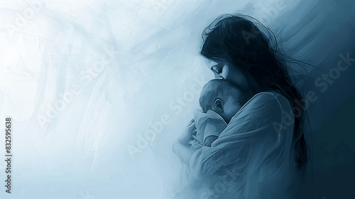 A new mother suffering post partum to post natal depression, holding her baby close and looking sad and pensive, blue grey colour palette, landscape format 16:9 with copy space blank