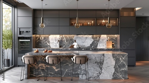 a modern,, eclectic kitchen with charcoal gray cabinets and a mix of marble and quartzite countertops