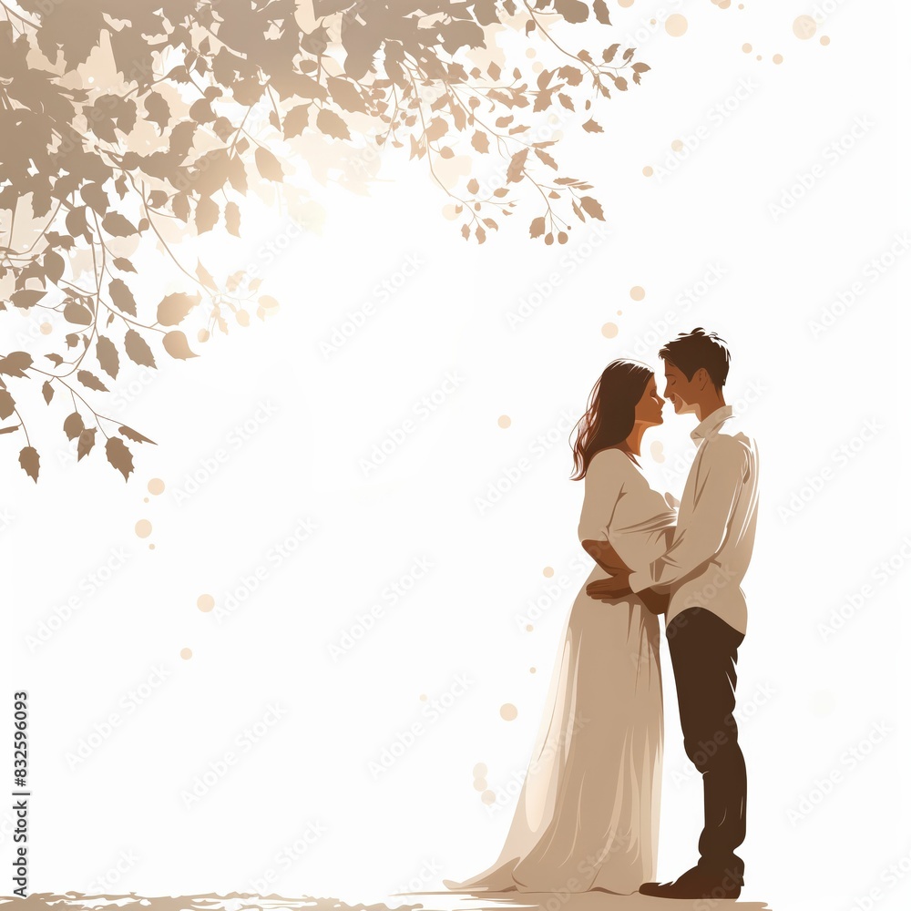 Romantic couple standing under tree canopy in sunlit, ethereal setting, embracing each other with love and intimacy. Romantic couple standing under tree canopy in sunlit, ethereal setting, embracing each other with love and intimacy.
