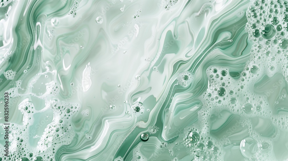 Naklejka premium Swirling green and white fluid, resembling the texture of abstract painting, with bubbles floating in it.