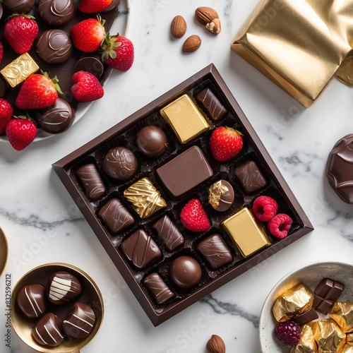 Top-Down View of Gourmet Chocolates on Marble Countertop: Dark, Milk, White, Ruby Chocolates with Fresh Fruits, Nuts, Cocoa Beans, Gold Accents, Foil Wrapping, and Spatula, Generative AI © spotlightstudio