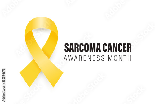 Sarcoma, Bone Cancer Banner, Card, Placard with Vector 3d Realistic Yellow Ribbon on White Background. Sarcoma Cancer Awareness Month Symbol Closeup, July. World Bone Cancer Day Concept