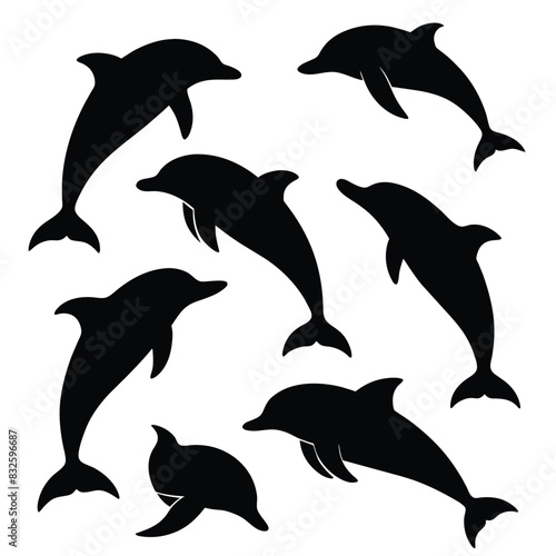Set of Bottlenose Dolphin animal black silhouettes vector on white background