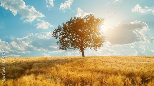 Rural landscape with a solitary tree standing in the field.      